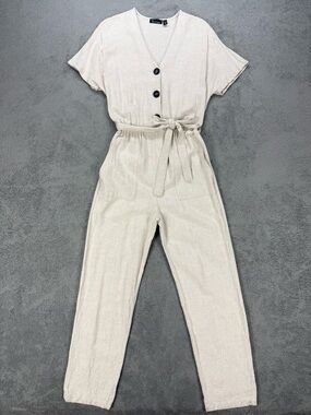 Femme By Design Linen Blend Short Sleeve Jumpsuit with Tie Waist